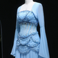 Robe de mariée féérique de style cour, bleu clair, ornée de perles, manches transparentes et traîne - Thème océan NV6382