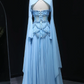 Robe de mariée féérique de style cour, bleu clair, ornée de perles, manches transparentes et traîne - Thème océan NV6382