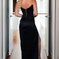 Robe de bal sexy en satin vert et noir, bretelles spaghetti, fente longue, style tendance NV85