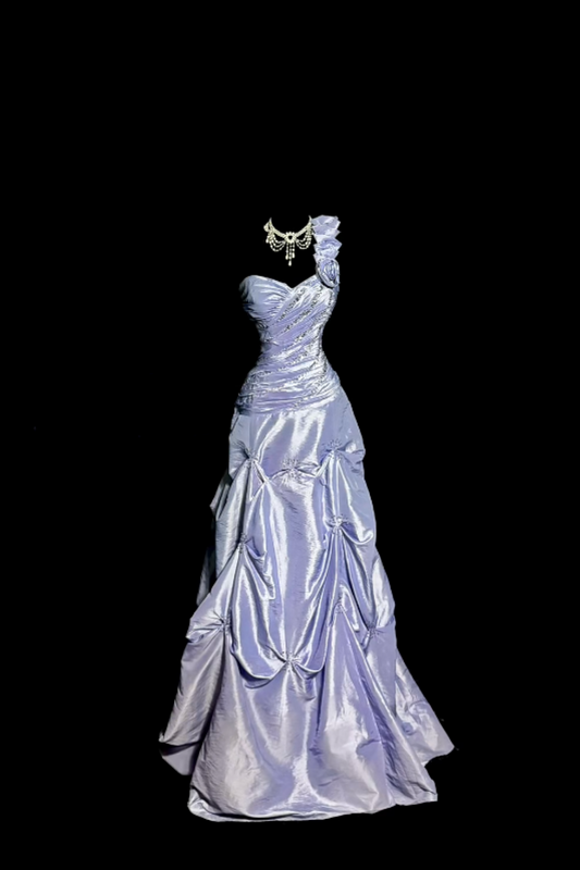 Robe de soirée longue rétro en satin violet ornée de perles exquises NV6612