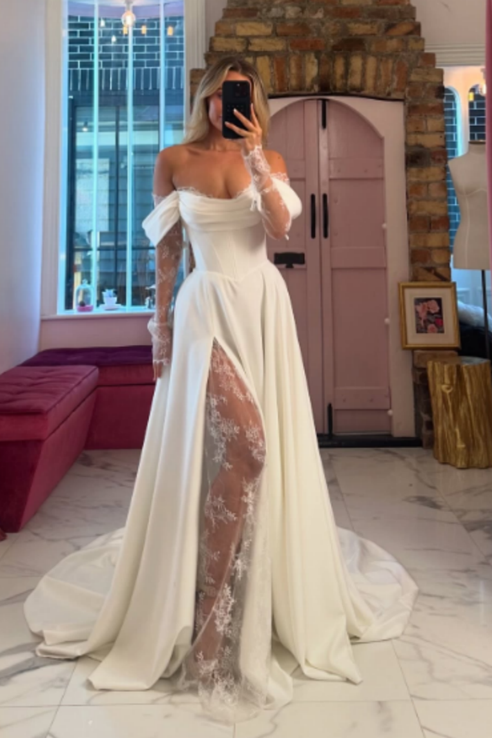 Cream Satin Off-the-Shoulder Lace Sleeve Slit Floor-Length Elegant Wedding Dress NV6232