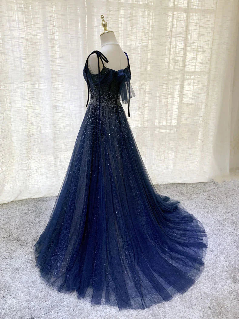 Dark blue tulle sequined long ball gown evening dress nv1912