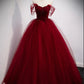 Red off-the-shoulder sweetheart lace tulle beaded lace-up appliques floor-length ball gown evening dress nv1903