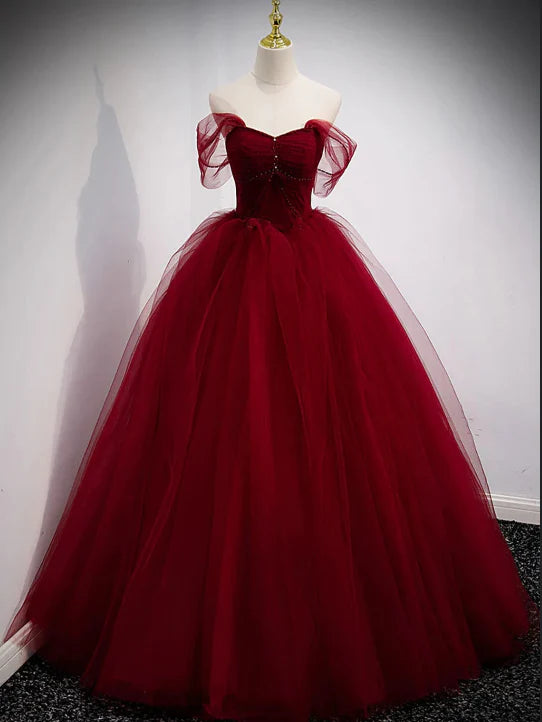 Red off-the-shoulder sweetheart lace tulle beaded lace-up appliques floor-length ball gown evening dress nv1903