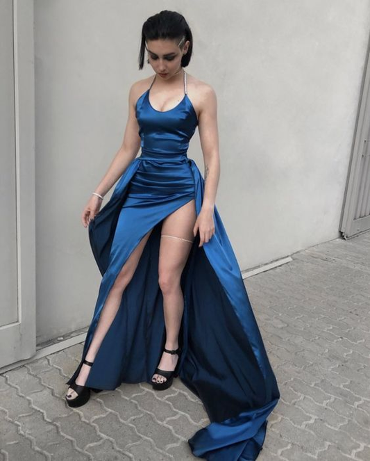 Satin Sheath Long Prom Dress Blue Evening Dress With Slit nv1105