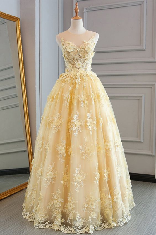 Yellow Lace  Long A-line Prom Dress Sleeveless Appliques Gown nv1118