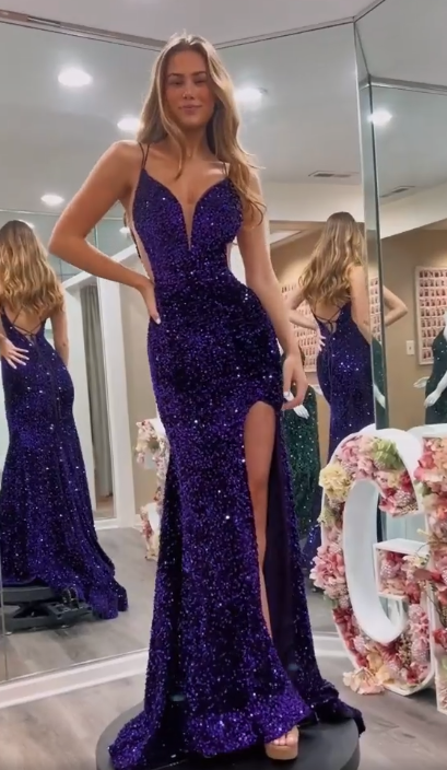 Spaghetti Straps Purple Sequins Prom Dress With Split nv1108