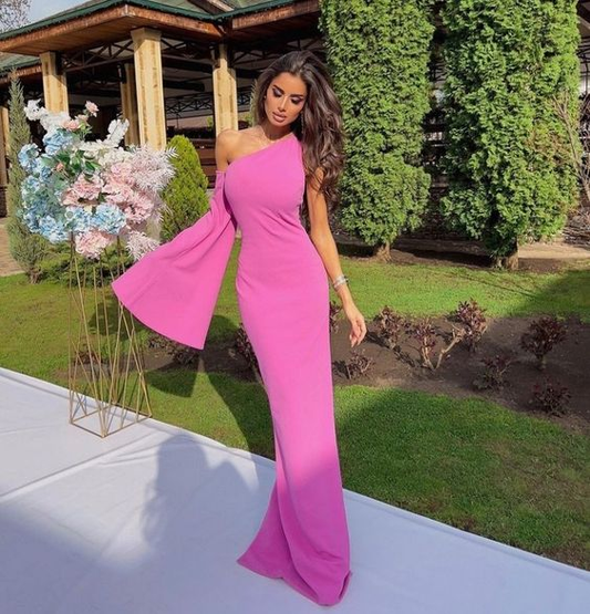 Pink One Shoulder  Prom DressesLong Evening Party Dress  nv1112