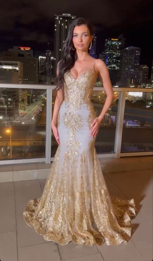 Shiny Mermaid Gold Long Evening Prom Dress Sparkly Party Prom Dresses nv1103