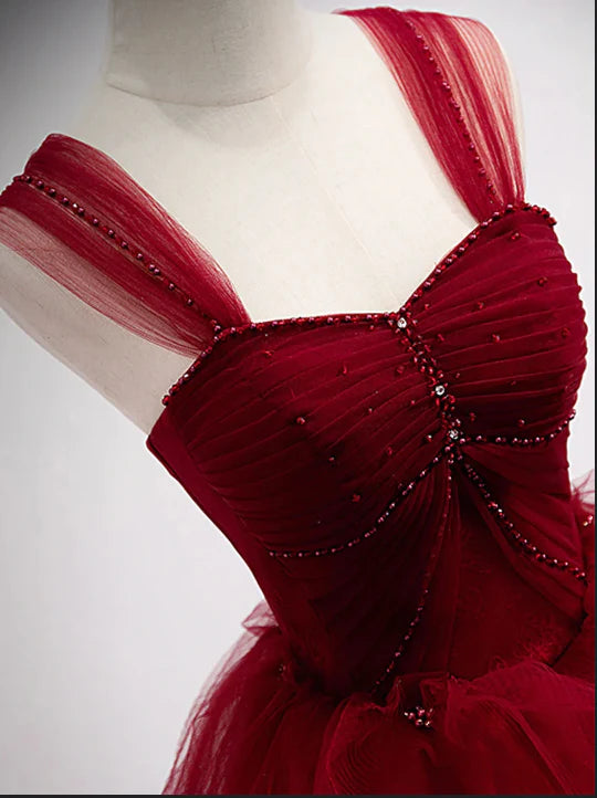 Red off-the-shoulder sweetheart lace tulle beaded lace-up appliques floor-length ball gown evening dress nv1903