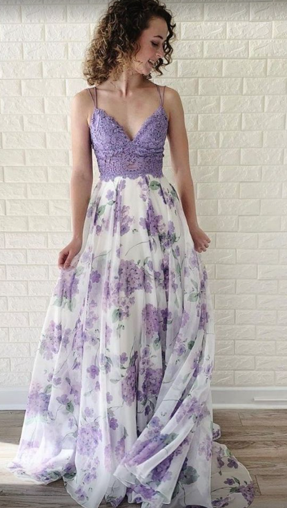 Lavender Lace Floral Chiffon Long Spaghetti Prom Dress nv1152