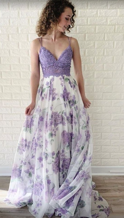 Lavender Lace Floral Chiffon Long Spaghetti Prom Dress nv1152