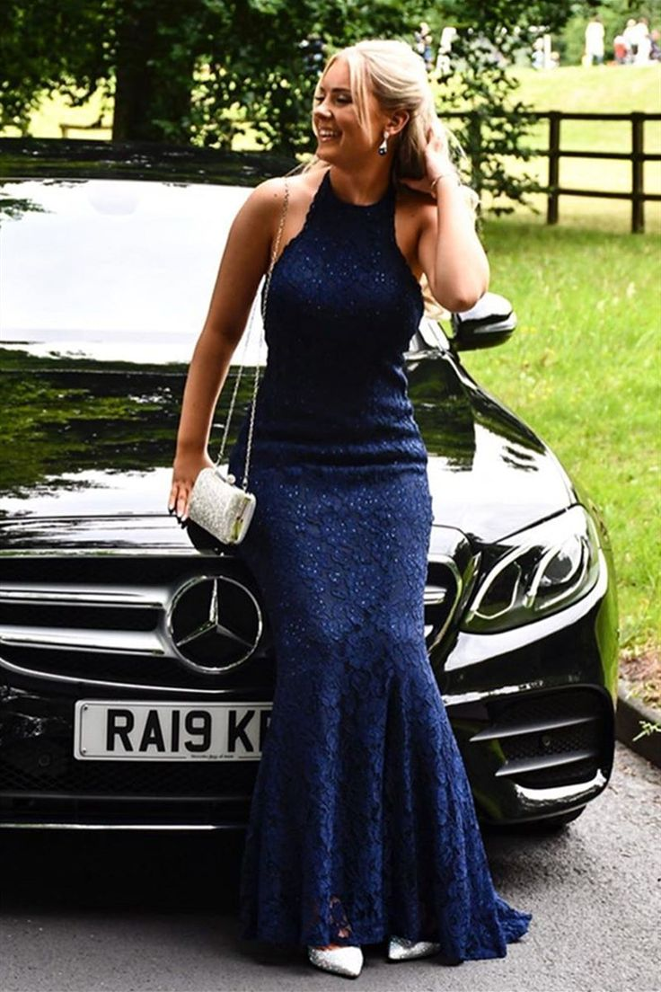 Sexy Mermaid Halter Neck Backless Long Blue Lace Prom Dress  nv1267