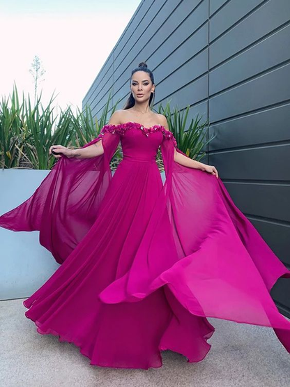 A-Line/Elegant Chiffon Floor-Length Long Sleeves Ruffles Off-the-Shoulder Prom Dresses nv1304