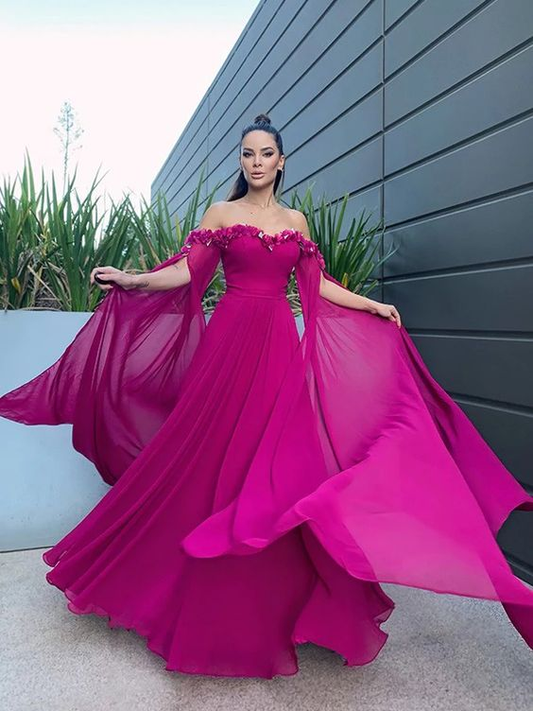 A-Line/Elegant Chiffon Floor-Length Long Sleeves Ruffles Off-the-Shoulder Prom Dresses nv1304