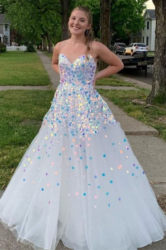 A-Line Strapless White Sequined Long Prom Dress nv1294
