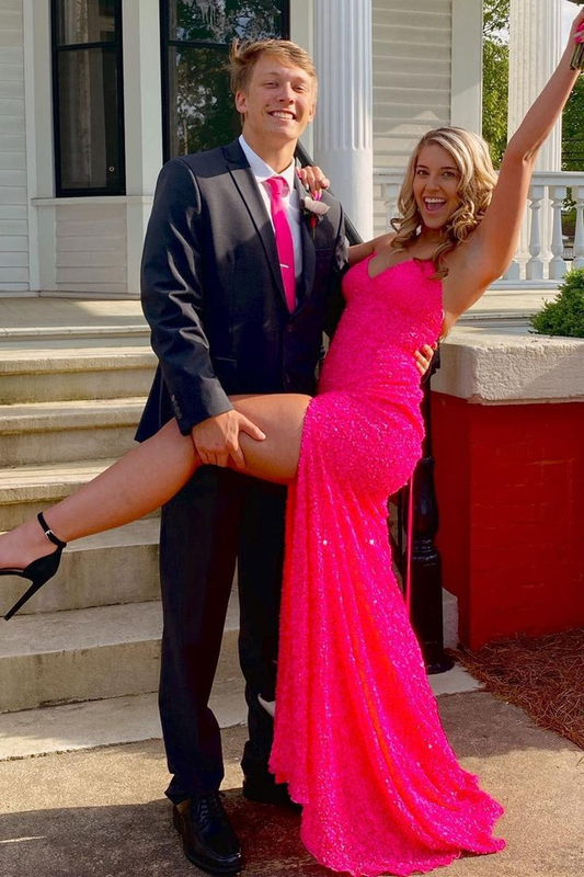 Spaghetti Straps Pink Sequins Mermaid Long Prom Dress nv1098