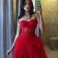 Red sweetheart tulle lace strapless high slit long prom dress evening dress nv1156
