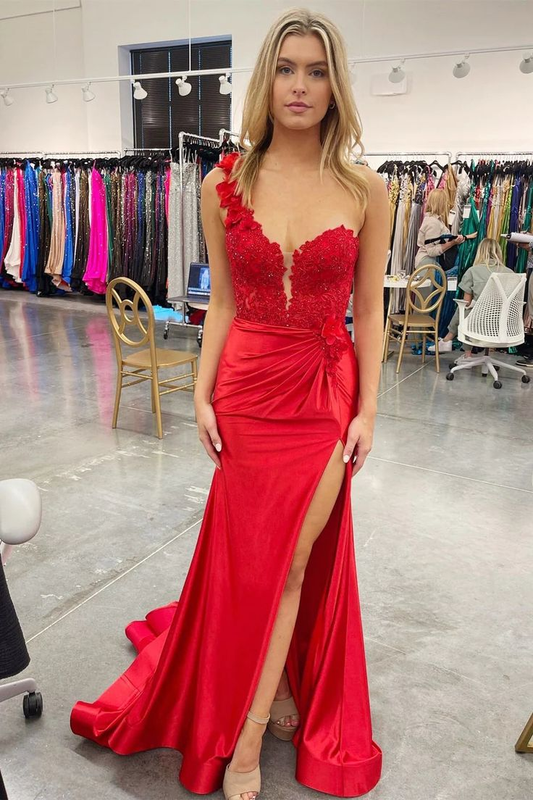 Red One-Shoulder 3D Floral Lace Pleated Long Gown with Slit nv1383