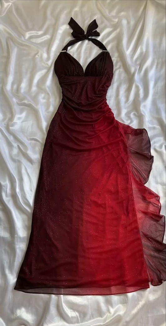 Belles robes de soirée d'anniversaire à licou, robes de bal rouges nv1373
