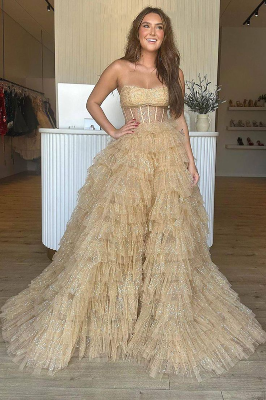 A Line Strapless Corset Glitter Tulle Prom Dress with Ruffles nv1308