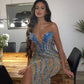 Blue luxury gorgeous beaded slit long prom dress evening gown party dress nv1972