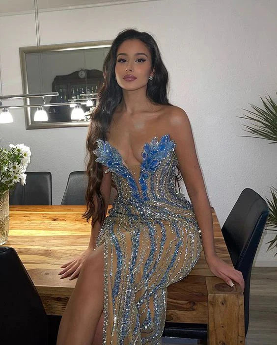 Blue luxury gorgeous beaded slit long prom dress evening gown party dress nv1972