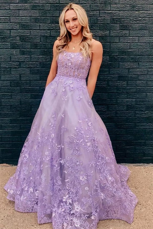 Open Back Purple Lace Floral Long Prom Dresses nv1318