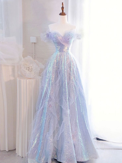 Off Shoulder Sequin Tulle Long Prom Dress, Formal Evening nv1319