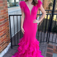 Hot Pink Plunge V Feather Ruffle Multi-Layer Long Prom Dress nv1220