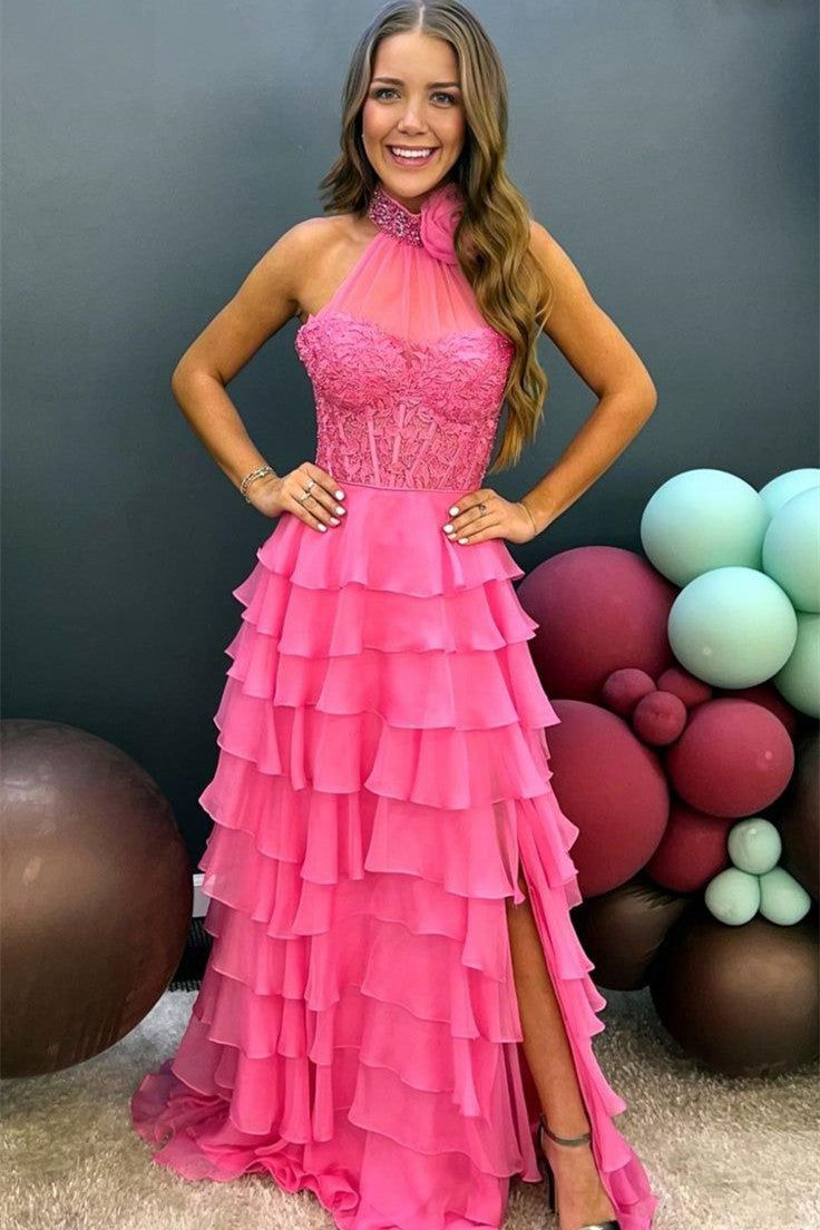 High Neck Ruffle Chiffon Long Prom Dress with 3D Flower nv1307