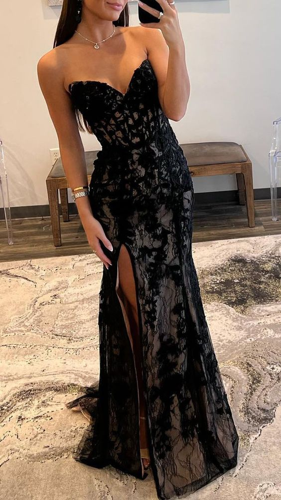 Sexy fitted strapless lace applique black long prom evening dress nv1070