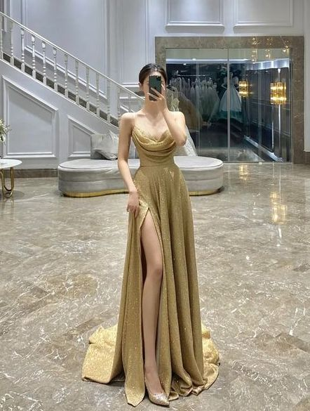A Line Spaghetti Straps Prom Dresses Evening Gown With Side Slit nv1063