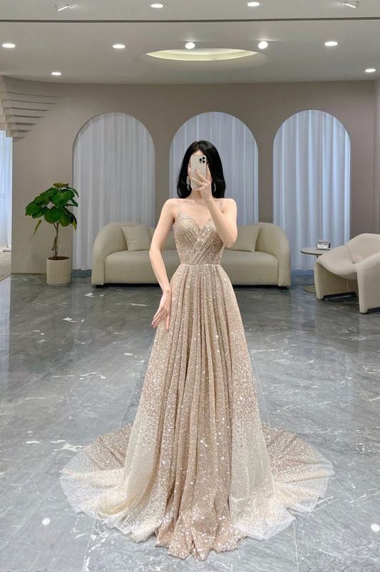 Gold Sparkle Sequins  A Line Long Prom Dress V-Neck Evening Dress nv1064