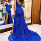 Elegant Long Mermaid Royal Blue V-neck Sleeveless Lace Prom Dress With Slit nv1071