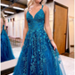 Ball Gown Sparkle A-Line Prom Dresses Formal V Neck Glitter Appliques Dress nv1065