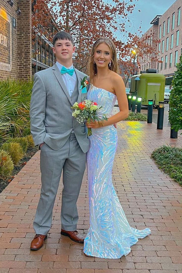 Cute Mermaid One Shoulder Whie Sequins Prom Dresses nv1354