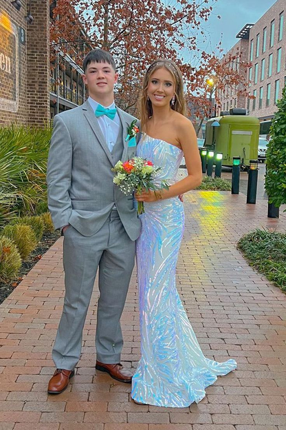 Cute Mermaid One Shoulder Whie Sequins Prom Dresses nv1354