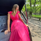 Rose Pink Ruffle Shoulder Plunging V Neck A-line Lace-Up Long Prom Dress nv1349