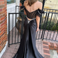 Black Satin Feathered Off the Shoulder Mermaid Long Prom Dresses nv1380