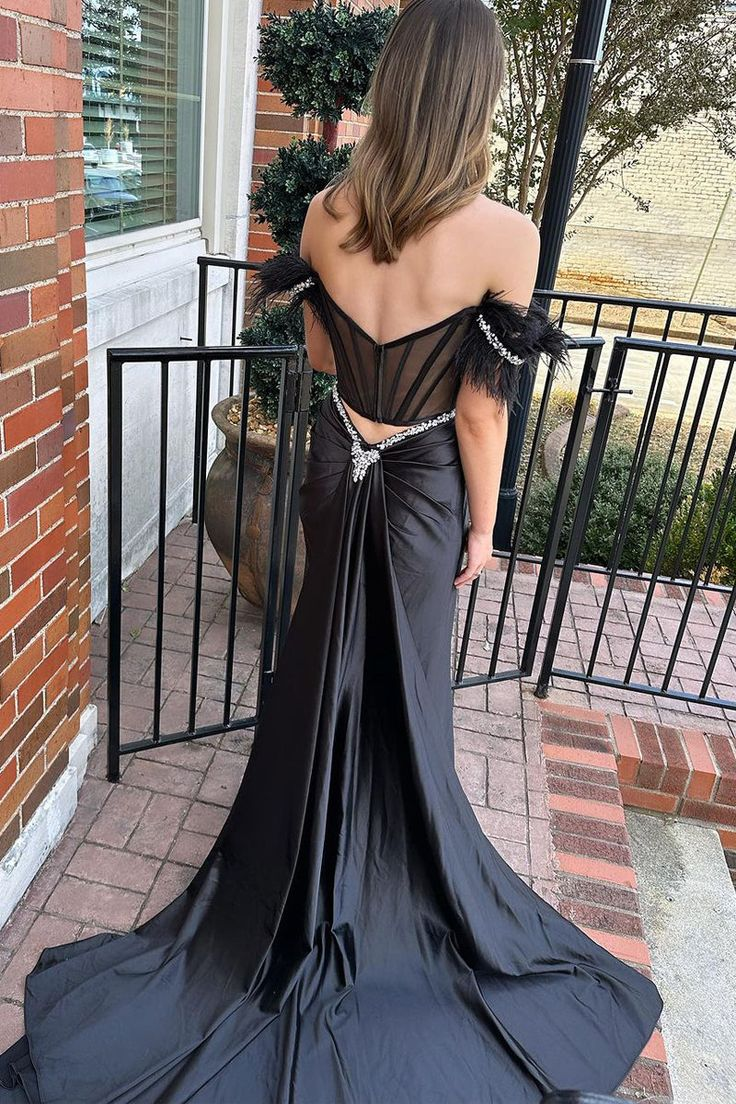 Black Satin Feathered Off the Shoulder Mermaid Long Prom Dresses nv1380