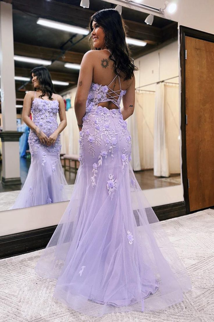 Mermaid Scoop Neck Lilac Lace Long Prom Dresses nv1367
