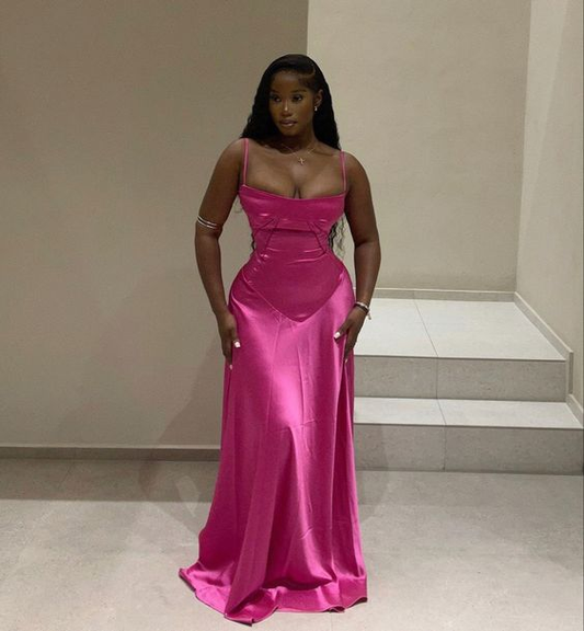 Pink satin prom dress black girl evening dress nv1384