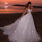 White shiny elegant spaghetti strap A-line long sequined ball gown evening dress nv1059