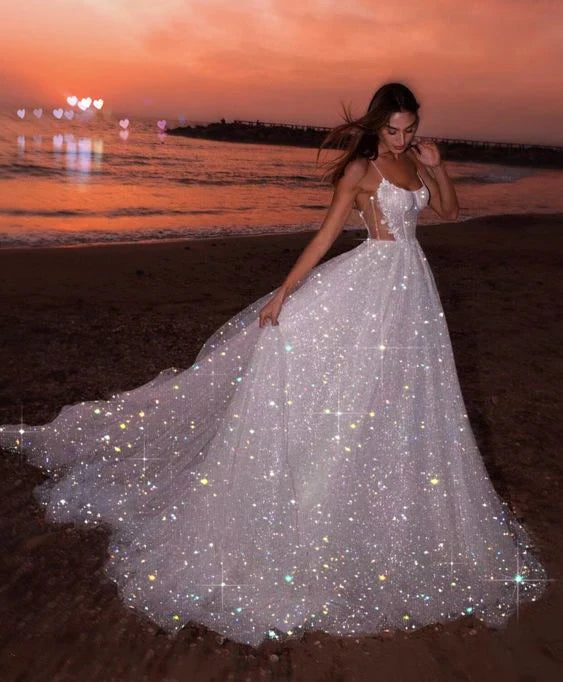 White shiny elegant spaghetti strap A-line long sequined ball gown evening dress nv1059