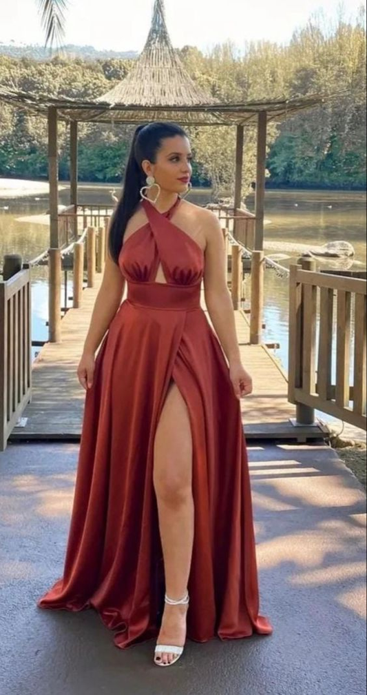 Rust red satin long prom dress evening dress nv1389