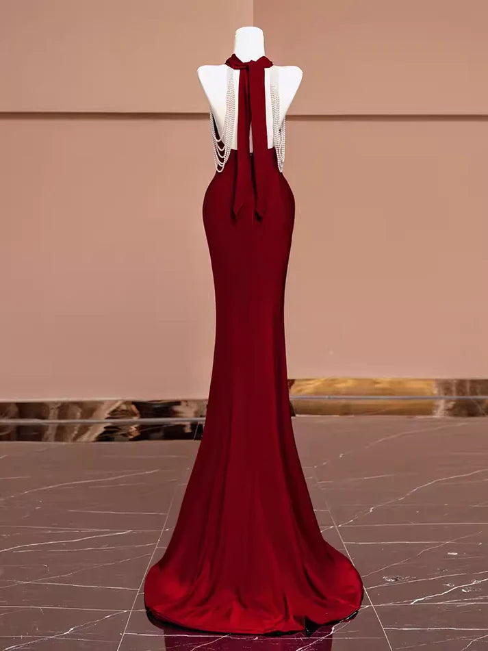 Mermaid Halter Burgundy Long Prom Dresses nv1717