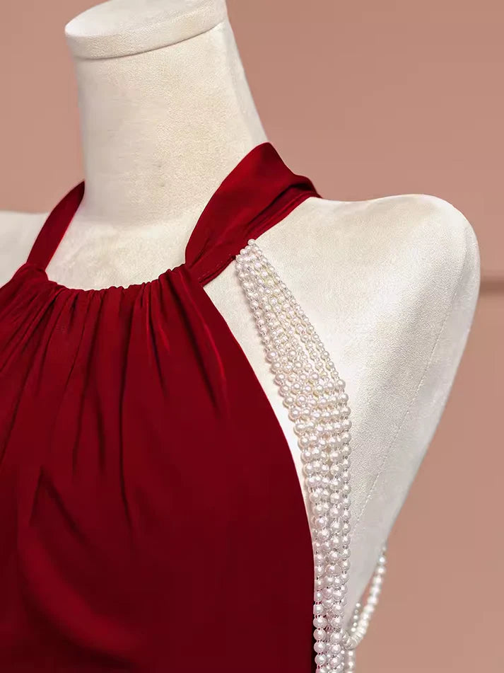 Mermaid Halter Burgundy Long Prom Dresses nv1717