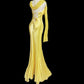 Yellow Fashion Elegant Exquisite Lace V-neck Backless Lace-up Long Floor-length Satin Ball Gown Evening Gown Party Dress nv3944