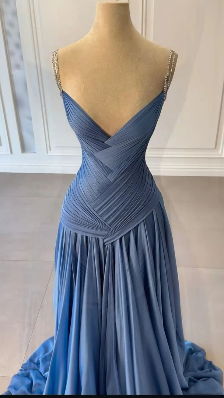 NiceVestidos - Robe de soirée longue en satin bleu NV5951